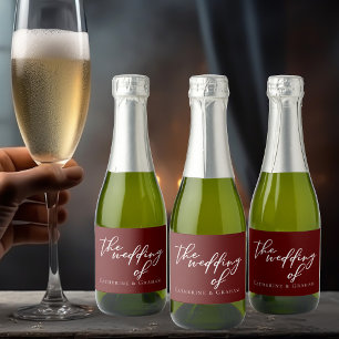 Elegant Burgundy Script Personalised Wedding Mini Sparkling Wine Label