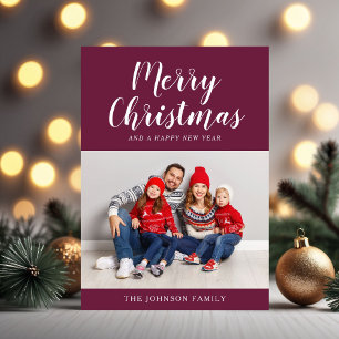 Elegant Burgundy Script Photo Christmas Holiday Card