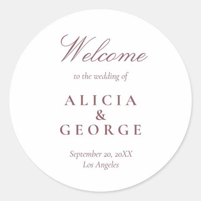 Elegant burgundy script simple wedding favour classic round sticker (Front)