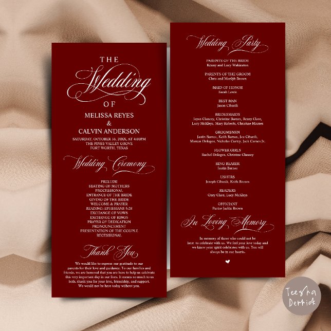 Elegant Burgundy Script Wedding Ceremony Programme (Elegant Burgundy Wine Red Script Wedding Ceremony Order Program Card)