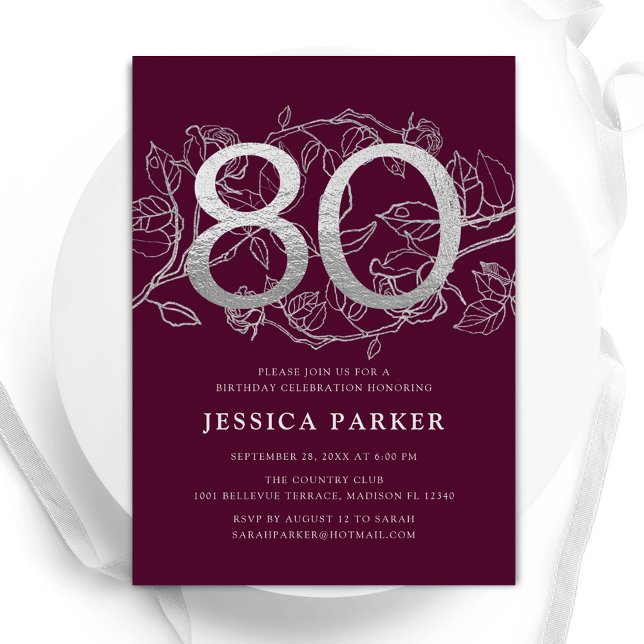 Elegant Burgundy Silver 80th Birthday Invitation (Creator Uploaded)