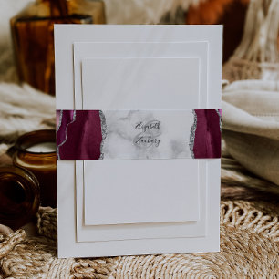 Elegant Burgundy Silver Agate Marble Wedding Invitation Belly Band