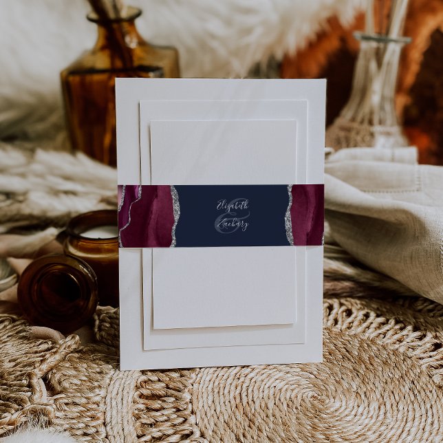 Elegant Burgundy Silver Agate Navy Blue Wedding Invitation Belly Band (Creator Uploaded)