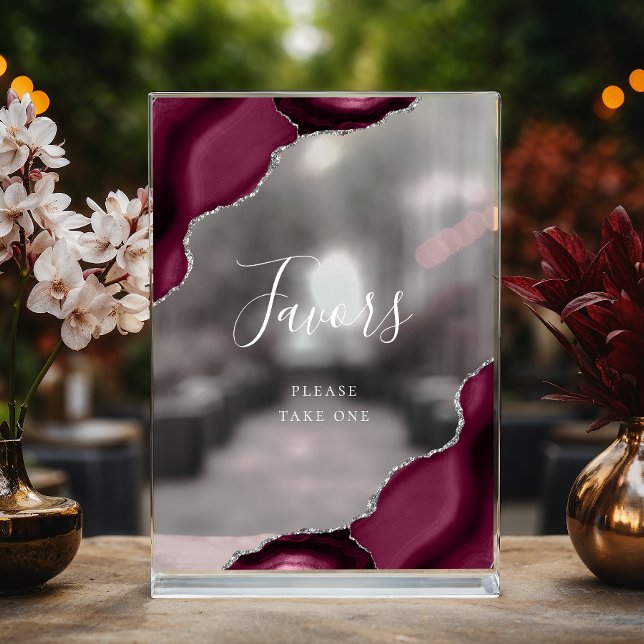 Elegant Burgundy Silver Agate Wedding Favours Acrylic Sign (Creator Uploaded)