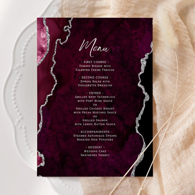 Elegant Burgundy Silver Agate Wedding Menu (Creator Uploaded)