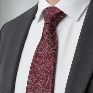 Elegant Burgundy Silver Floral Pattern Tie