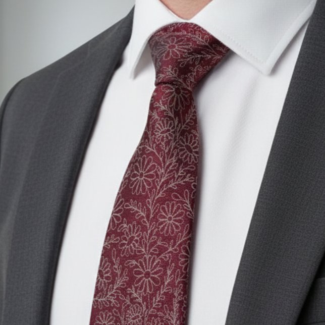 Elegant Burgundy Silver Floral Pattern Tie (Creator Uploaded)