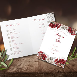 Elegant Burgundy & Silver Flowers Folded Programme