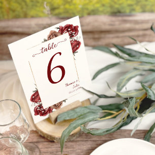 Elegant Burgundy & Silver Flowers Table Number