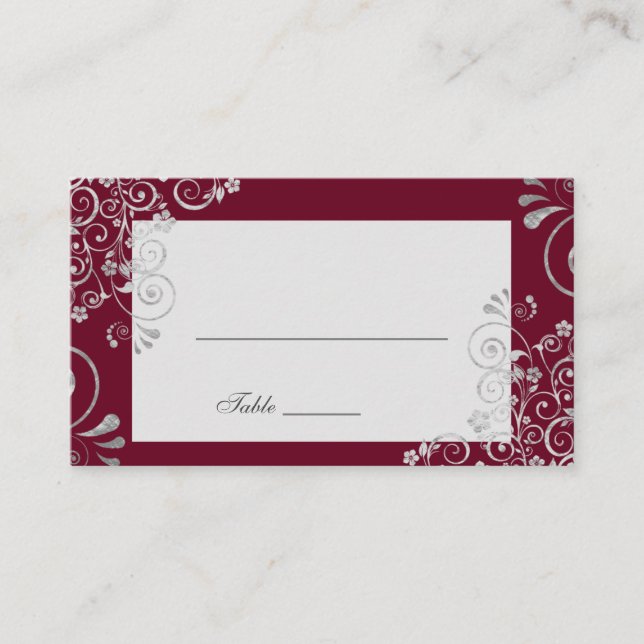 Elegant Burgundy Silver Grey  Swirl Wedding Place Card (Front)
