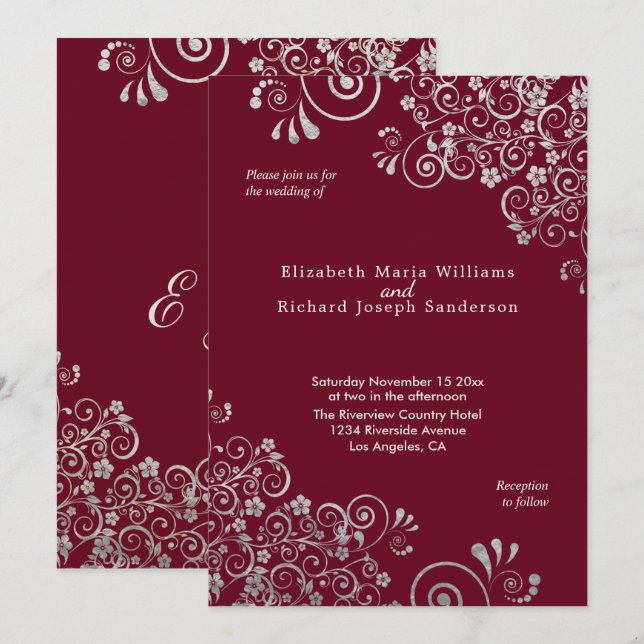 Elegant Burgundy Silver Grey Swirls Wedding Invitation (Front/Back)