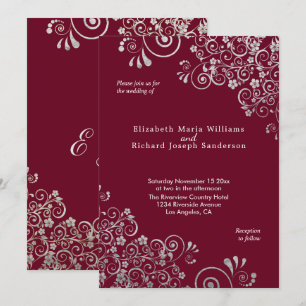 Elegant Burgundy Silver Grey Swirls Wedding Invitation