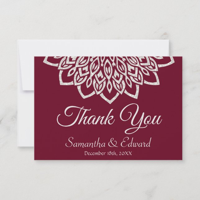 Elegant Burgundy Silver Mandala Wedding Thank You Card (Front)