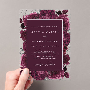 Elegant Burgundy Silver Rose Clear Wedding Acrylic Invitations