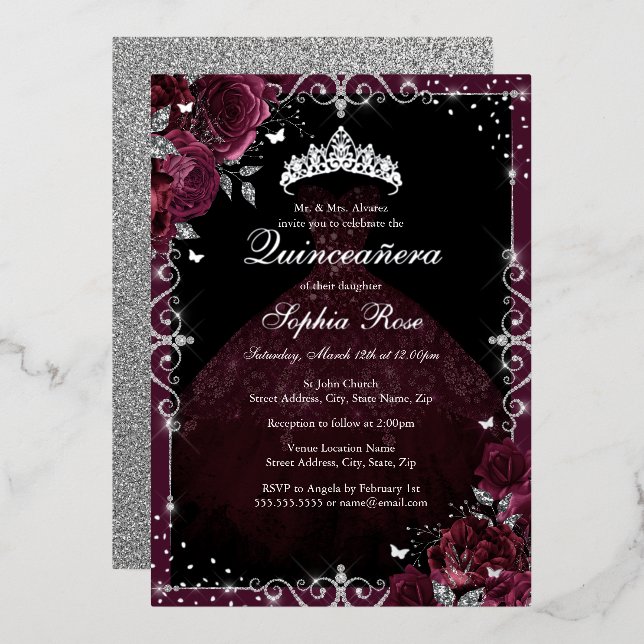 Elegant Burgundy Silver Rose Dress Quinceanera (Front/Back)
