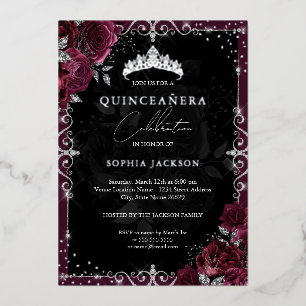 Elegant Burgundy Silver Rose Quinceanera