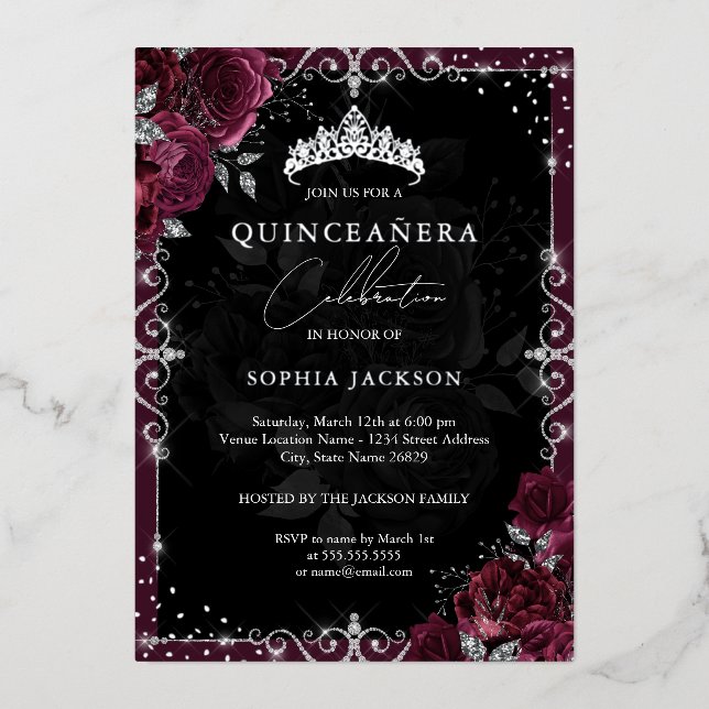 Elegant Burgundy Silver Rose Quinceanera (Front)