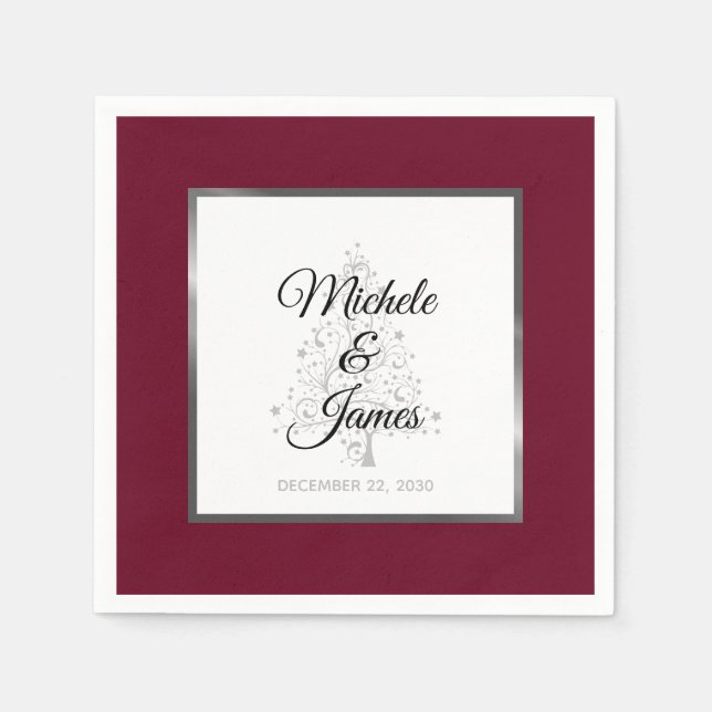 Elegant Burgundy Silver Winter Holiday Wedding Napkin (Front)