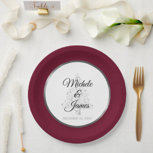 Elegant Burgundy Silver Winter Holiday Wedding Paper Plate