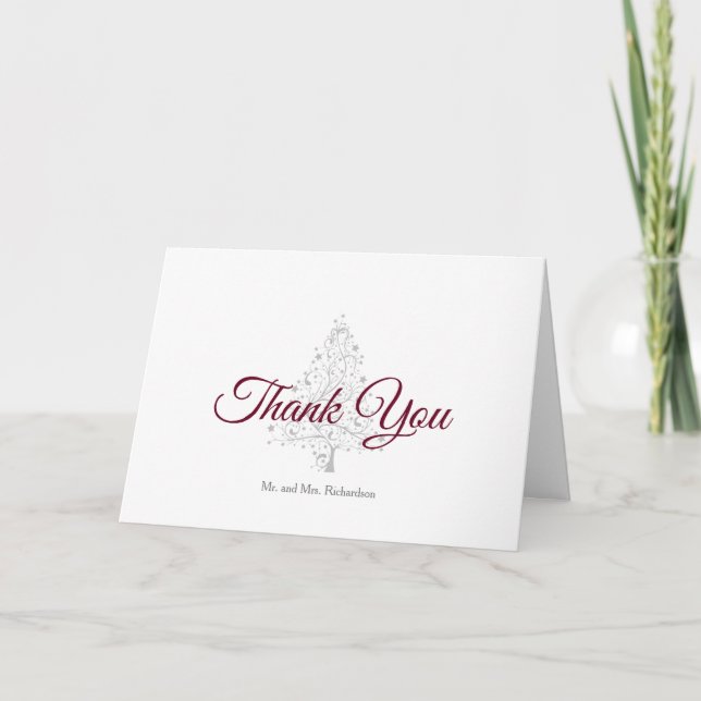 Elegant Burgundy Silver Winter Holiday Wedding Thank You Card (Front)