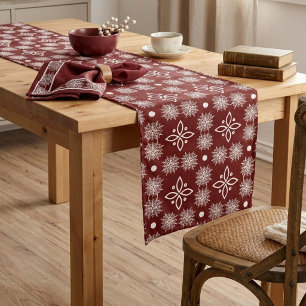 Elegant Burgundy Snowflake Damask Floral Short Table Runner
