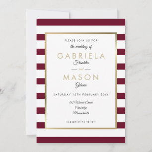 Elegant Burgundy Stripe Wedding   Faux Gold Foil Invitation