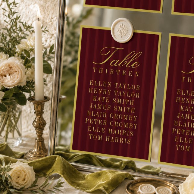 Elegant Burgundy Striped Wedding Seating Chart Table Number (Elegant Burgundy Striped Wedding Seating Chart Table Number)