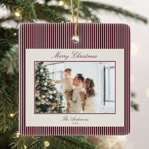 Elegant Burgundy Stripes Christmas Photo Ceramic Ornament