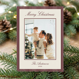 Elegant Burgundy Stripes Christmas Photo Holiday Card