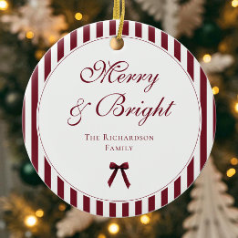 Elegant Burgundy Stripes Family Keepsake Christmas Ceramic Tree Decoration