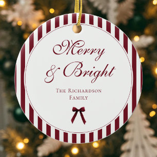 Elegant Burgundy Stripes Family Keepsake Christmas Ceramic Tree Decoration