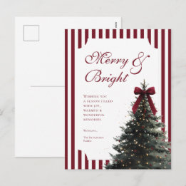 Elegant Burgundy Stripes Merry & Bright Christmas Holiday Postcard