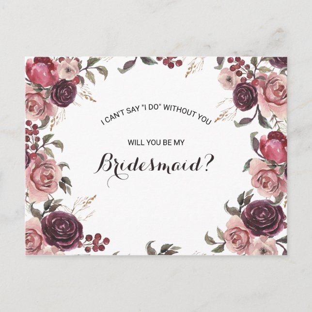 Elegant Burgundy Summer Floral Bridesmaid Invitation Postcard (Front)