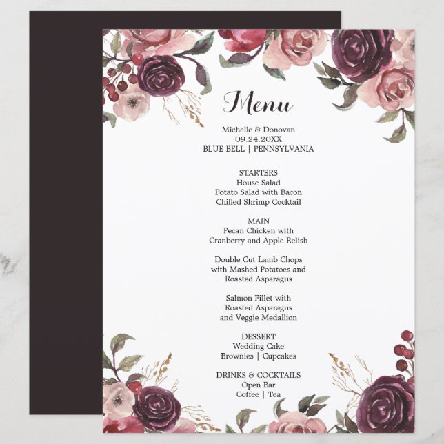 Elegant Burgundy Summer Floral Dinner Menu Card (Front/Back)