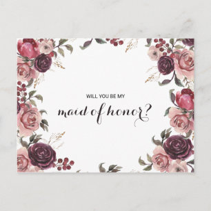 Elegant Burgundy Summer Floral Maid of Honour Invitation Postcard