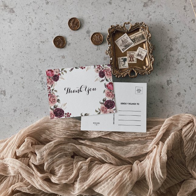 Elegant Burgundy Summer Floral Thank You Postcard (Creator Uploaded)