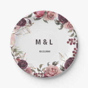 Elegant Burgundy Summer Floral Wedding Paper Plate