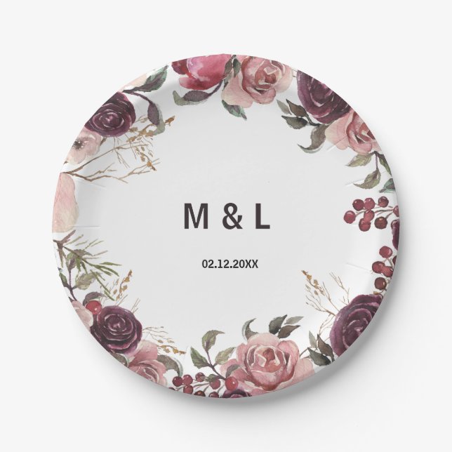Elegant Burgundy Summer Floral Wedding Paper Plate (Front)