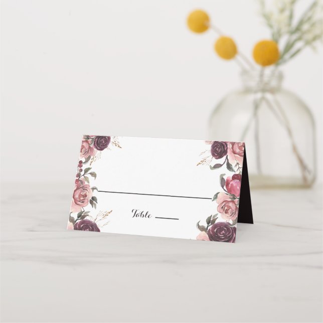 Elegant Burgundy Summer Floral Wedding Place Card (Front)
