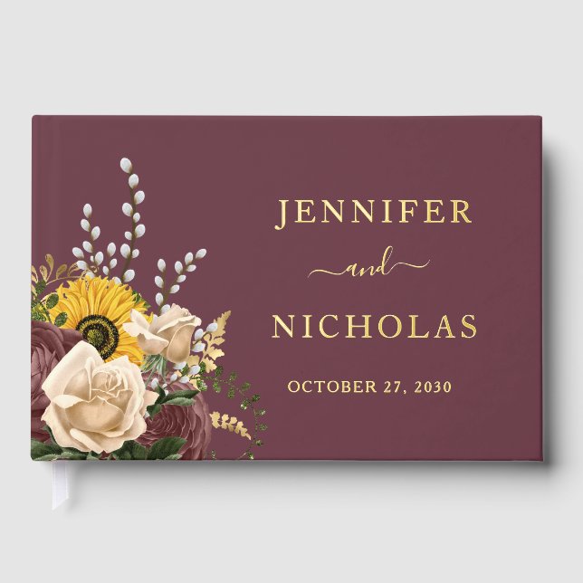 Elegant Burgundy Sunflower Wedding Gold Guest Book (Front)