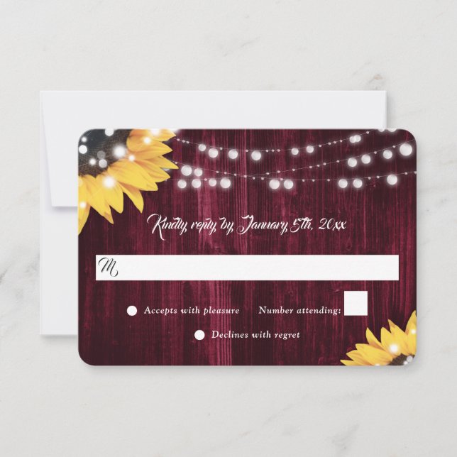 Elegant Burgundy Sunflower Wood Lights Wedding RSVP Card (Front)