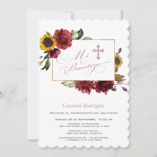 Elegant Burgundy Sunflowers Gold Cross Baptism Invitation (Front)