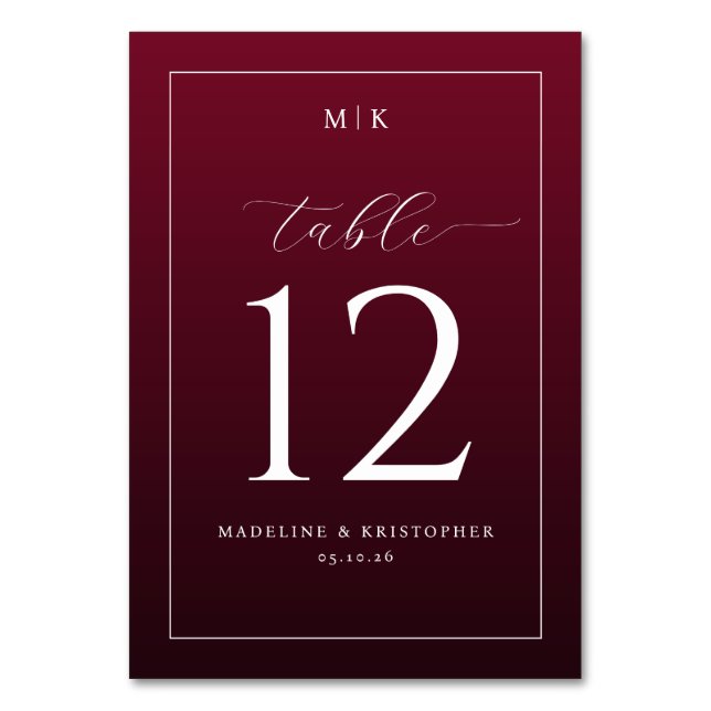 Elegant Burgundy Table Number (Front)