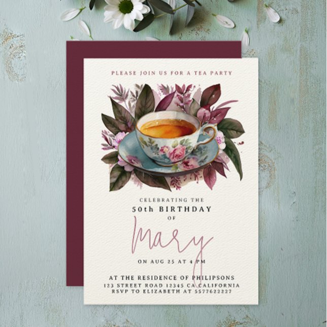 Elegant Burgundy Tea Party Floral Watercolor  Invitation (Creator Uploaded)