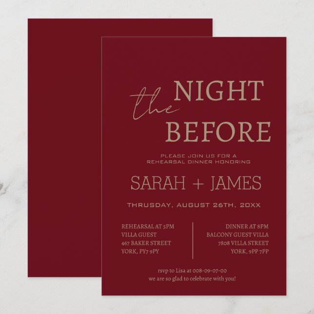 Elegant Burgundy the Night Before Dinner Wedding Invitation (Front/Back)