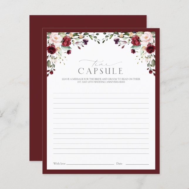 Elegant Burgundy Time Capsule Floral Shower Game (Front/Back)