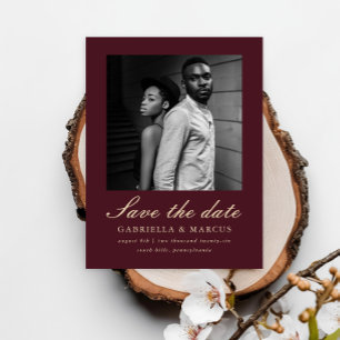 Elegant Burgundy Two Photo Wedding Save the Date Postcard