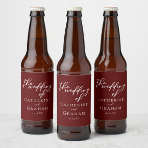 Elegant Burgundy Typography Evening Wedding Beer Bottle Label