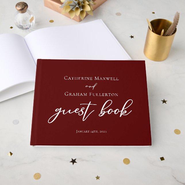 Elegant Burgundy Typography Evening Wedding Guest Book (Front Open)