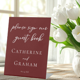 Elegant Burgundy Typography Wedding Guest Book Pedestal Sign